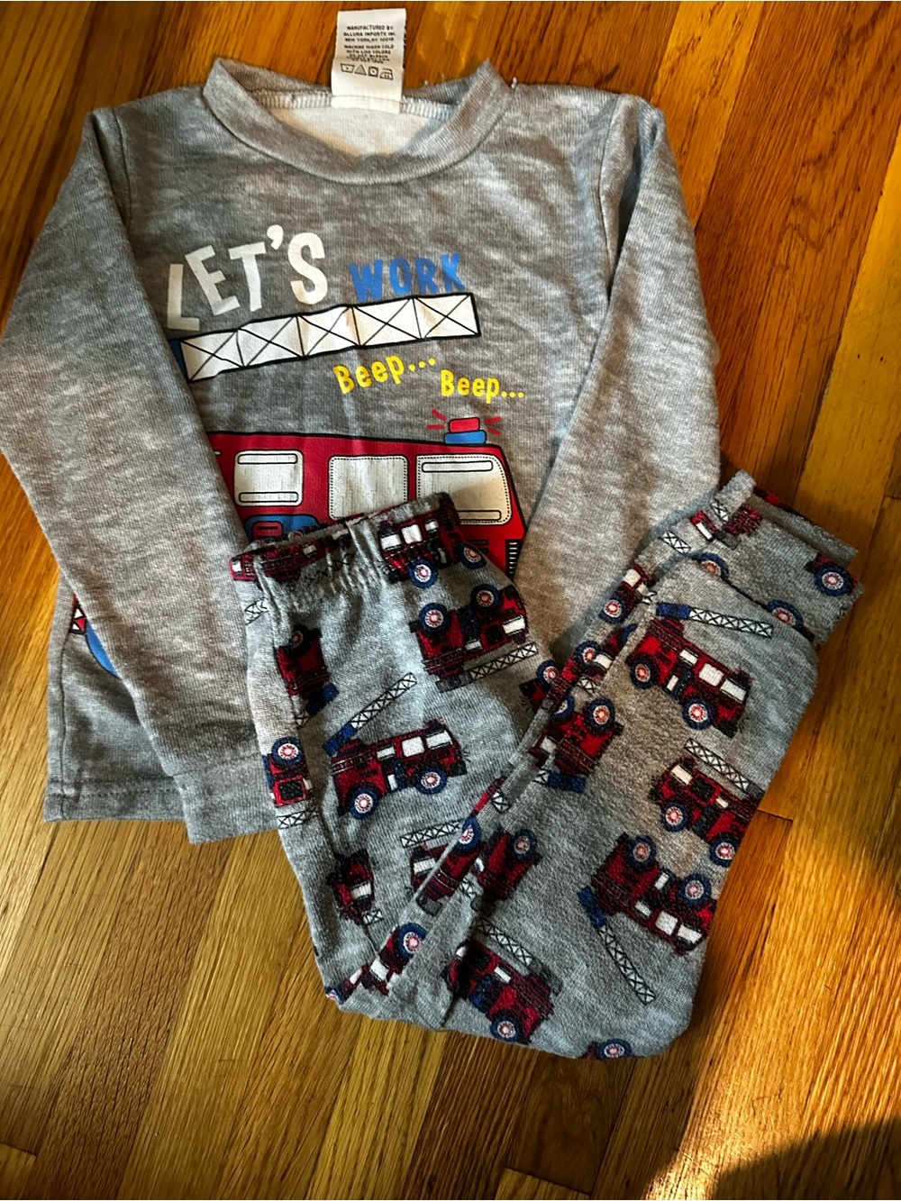 Gray Fire Truck Kids Pajama Set - Long Sleeve Top & Pants